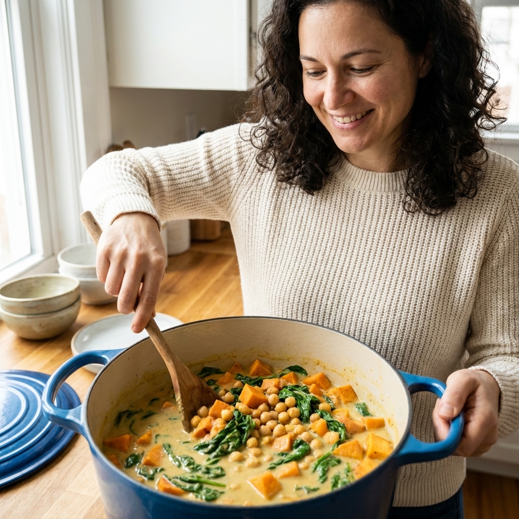 A Dutch oven filled with creamy coconut curry stew with chickpeas and sweet potato cubes, with wilted spinach stirred through