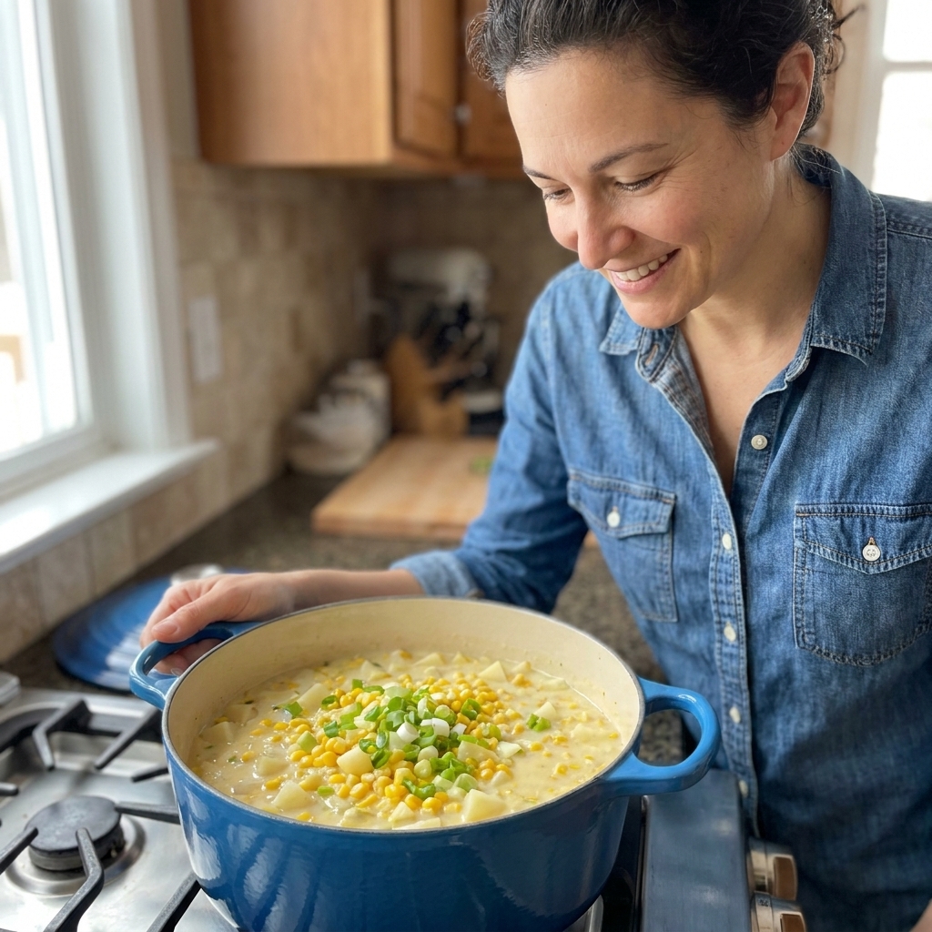 A Dutch oven filled with creamy corn chowder with visible corn kernels and diced potatoes, topped with sliced scallions, on a stovetop