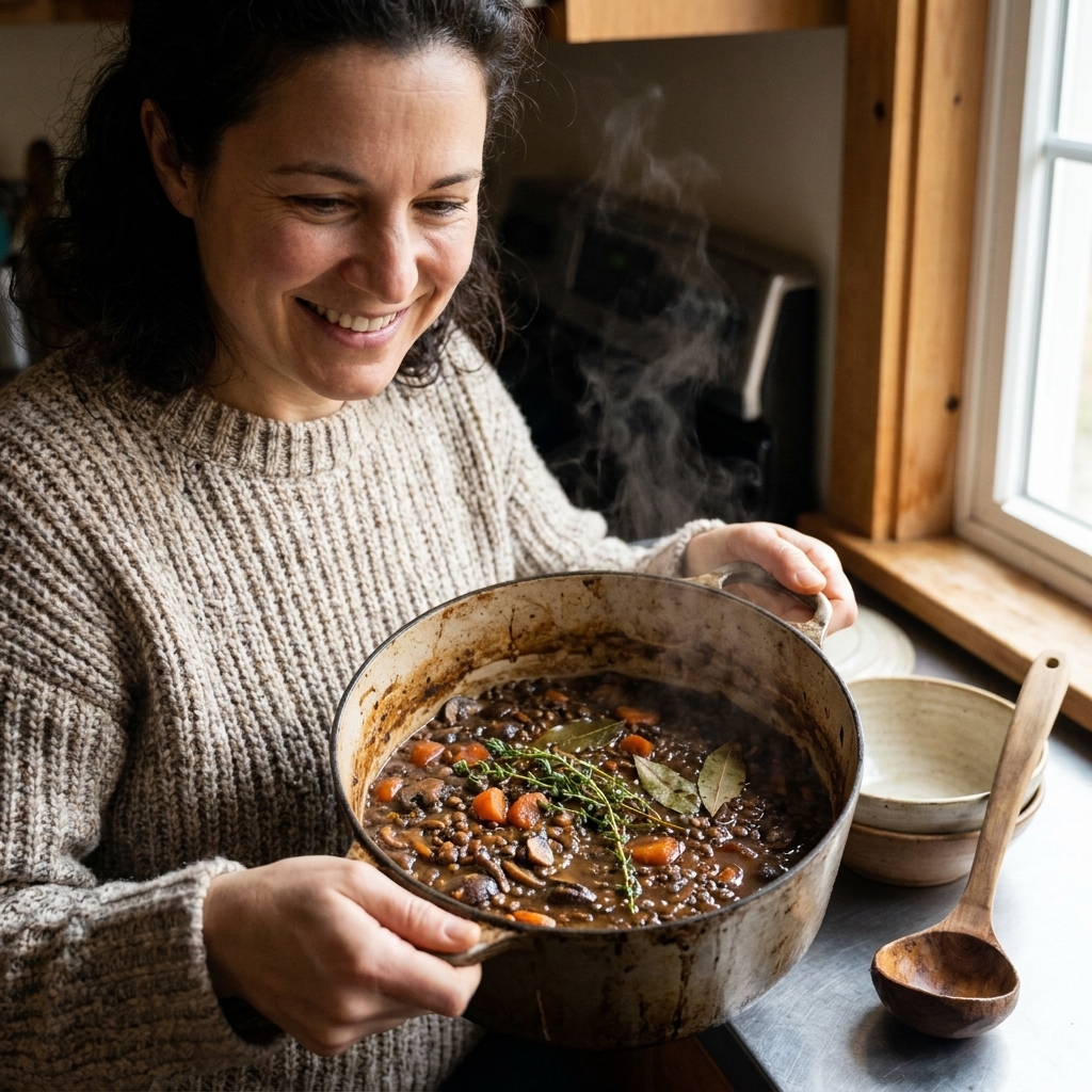 A Dutch oven filled with lentil and mushroom stew with carrots and herbs, dark and glossy from a rich broth