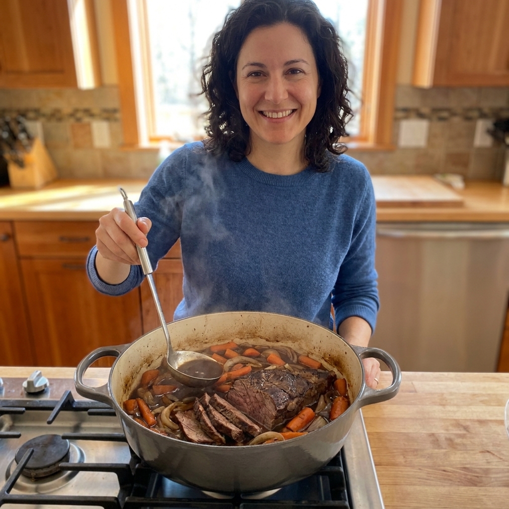 A Dutch oven filled with sliced pot roast, carrots, and onions in a dark balsamic gravy, photographed on a stovetop with a ladle resting nearby