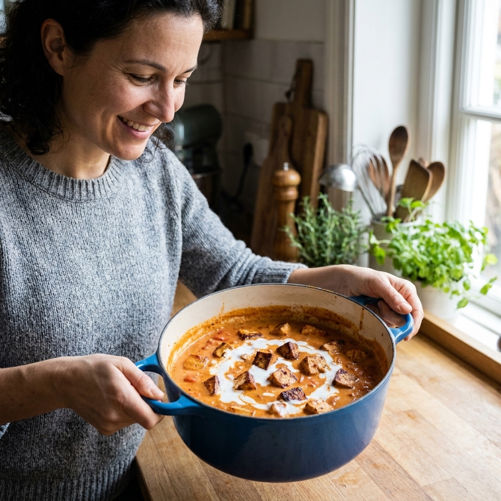 A Dutch oven of creamy tomato-based curry with browned tofu cubes and a drizzle of coconut cream