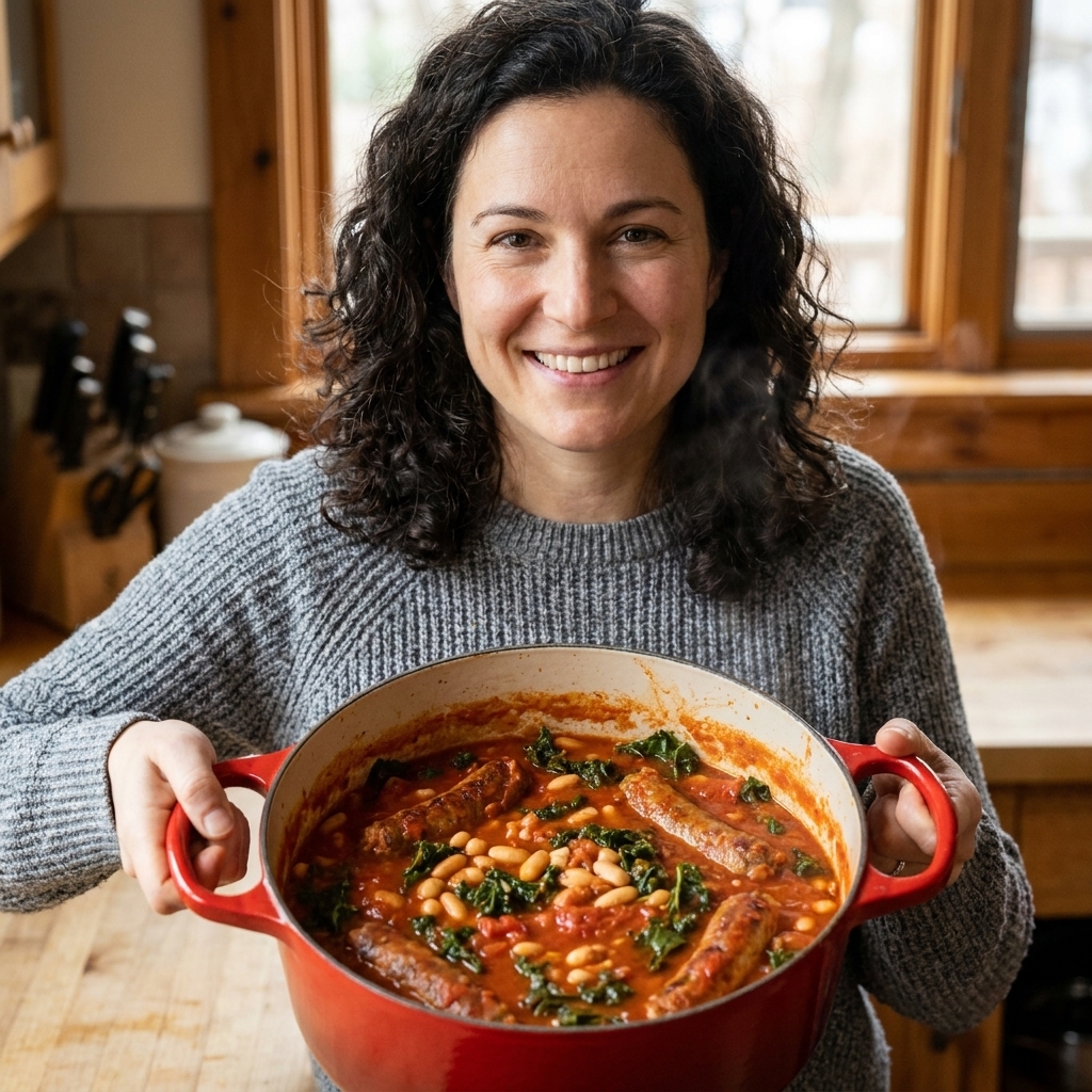 A Dutch oven with tomato-braised Italian sausage links nestled among cannellini beans and greens in a thick red sauce