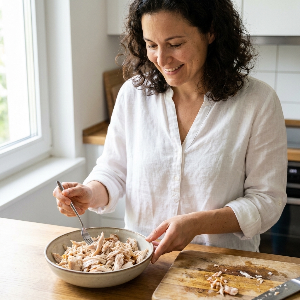 A bowl of freshly shredded rotisserie chicken with a fork on a kitchen counter next to a cutting board