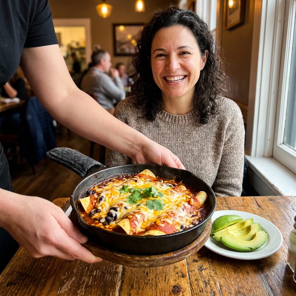 A bubbling vegetarian enchilada skillet with black beans, red sauce, corn tortillas, and melted cheese, served with avocado slices on the side