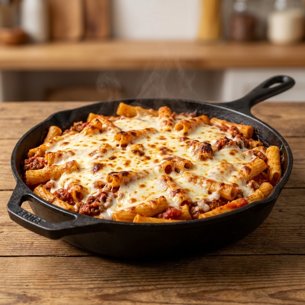 A cast-iron skillet filled with one-pot baked ziti style pasta topped with melted mozzarella and browned spots