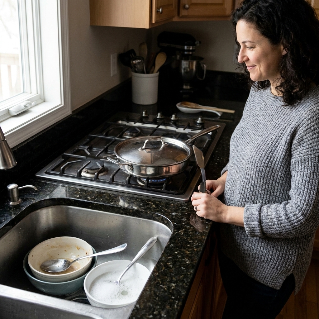 A clean kitchen counter next to a stovetop with a covered skillet cooking and a mostly empty sink with a few utensils soaking