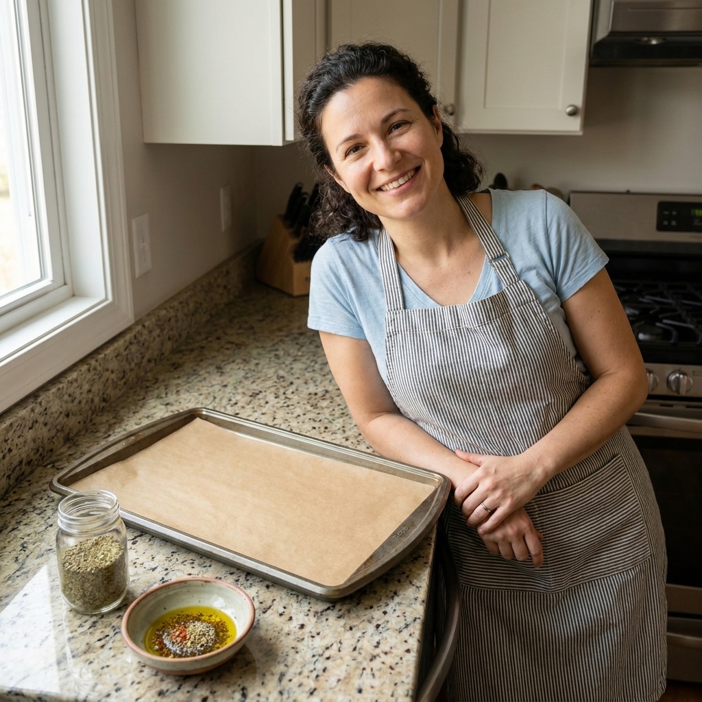 A clean rimmed baking sheet lined with parchment paper on a kitchen counter beside a small bowl of olive oil and spices