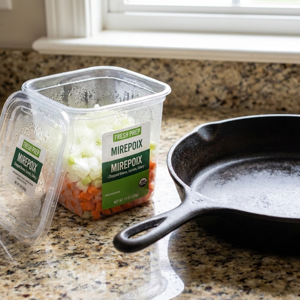 A close-up of a refrigerated grocery store container of pre-chopped mirepoix on a kitchen counter next to a skillet