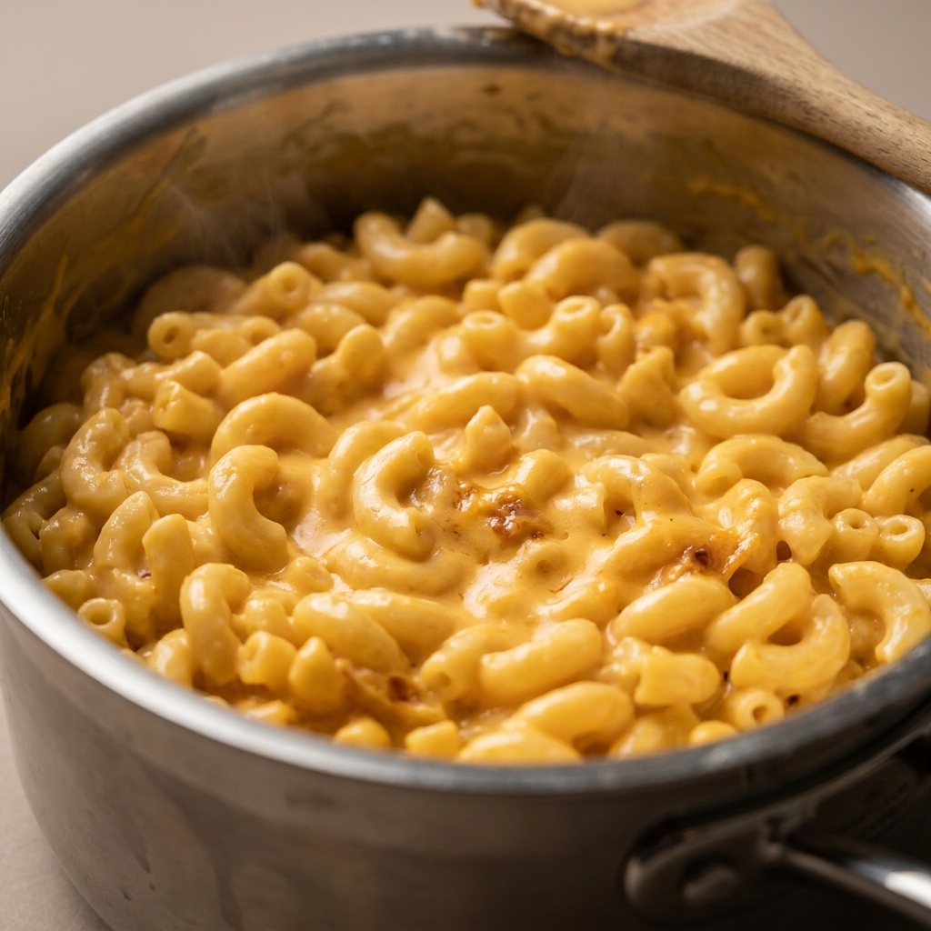 A close view of creamy elbow macaroni coated in a smooth cheddar sauce inside a saucepan
