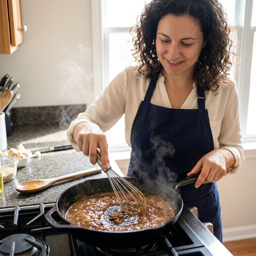 A cook whisking a bubbling pan sauce in a skillet as browned bits dissolve and the sauce turns glossy