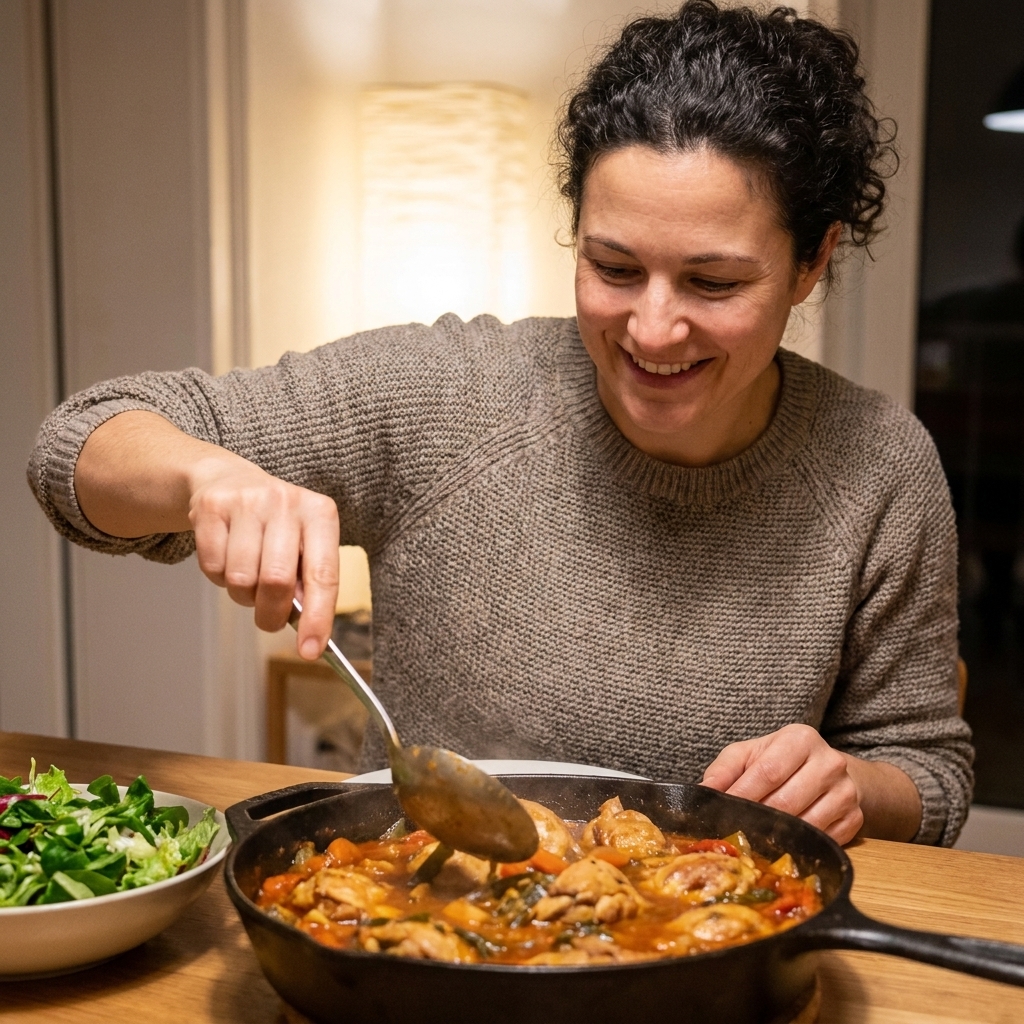 A cozy weeknight one-pot dinner served straight from a skillet on a wooden table, with a spoon resting in the pan and a simple green salad nearby