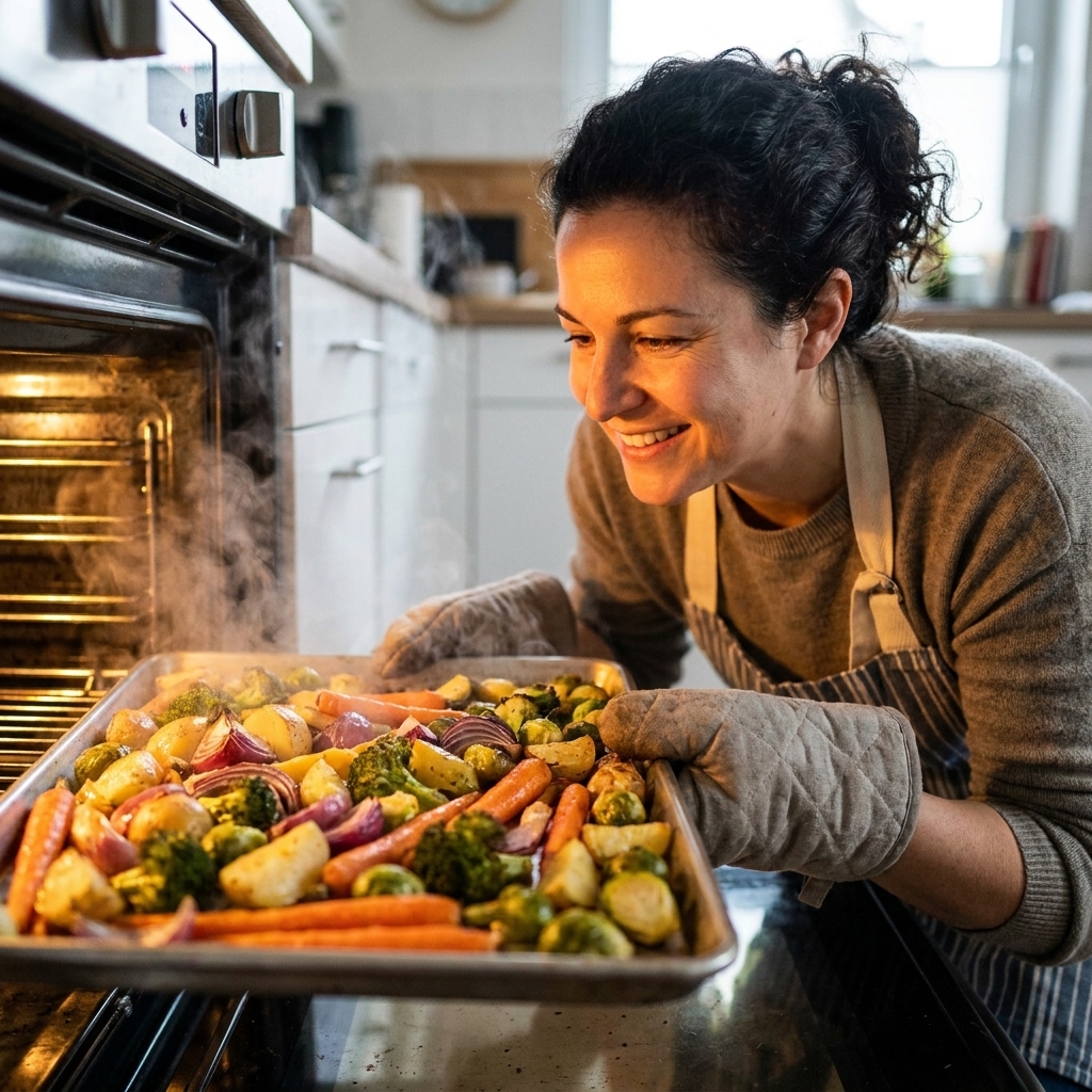 A crowded sheet pan of mixed vegetables releasing visible steam as it is pulled from the oven