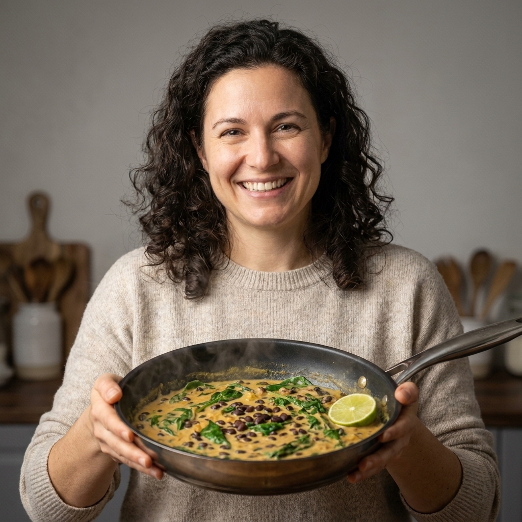 A deep skillet filled with creamy coconut curry black beans and wilted spinach, with a lime wedge on the side and steam rising
