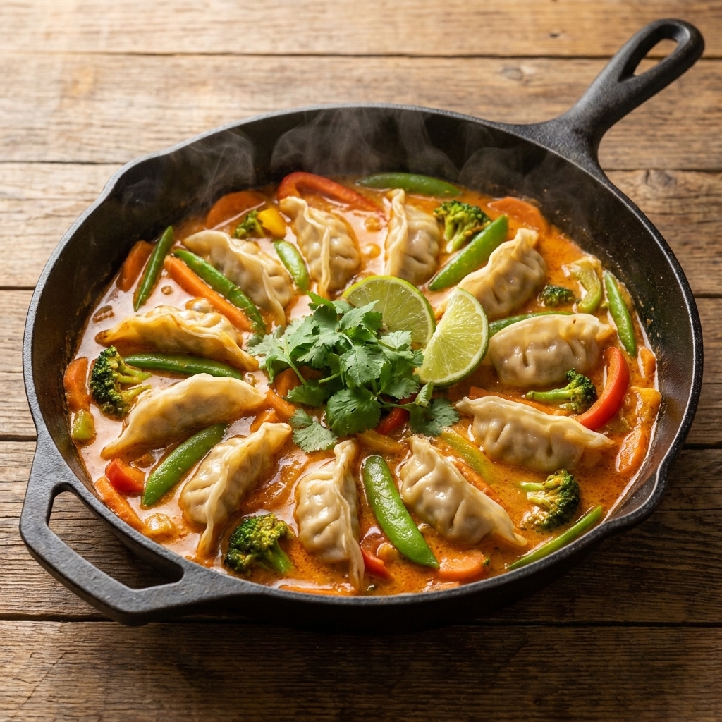 A deep skillet filled with potstickers and mixed vegetables simmering in a creamy coconut red curry sauce