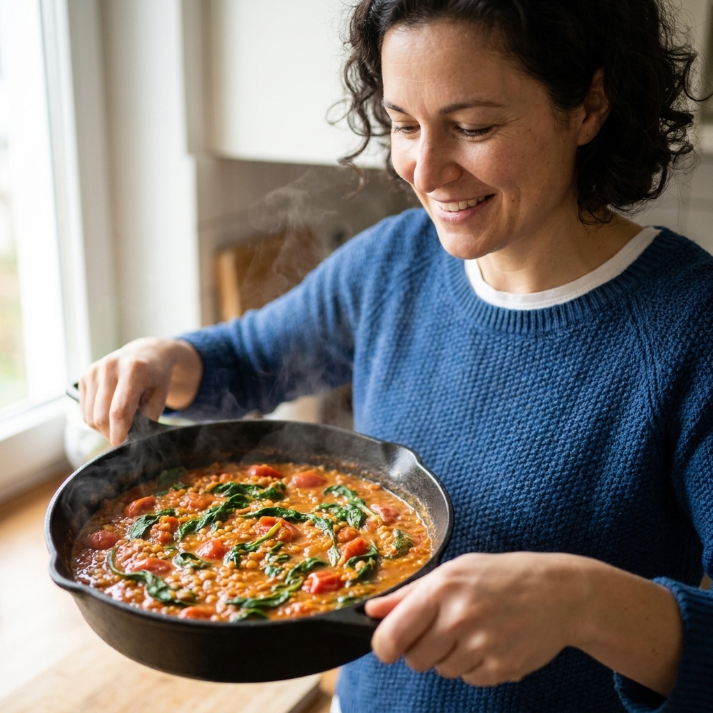 A deep skillet filled with red lentil curry with tomatoes and wilted spinach, thick and stew-like, with steam rising
