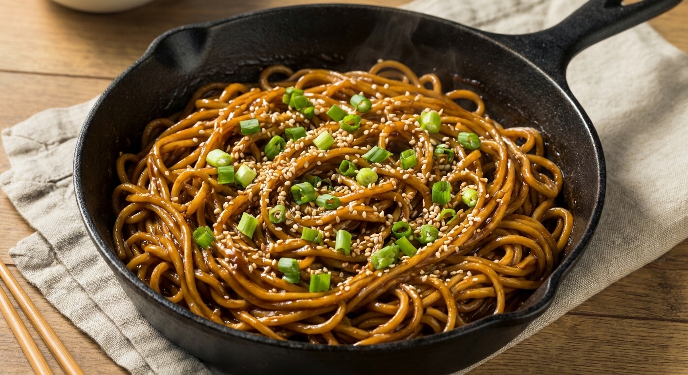 A deep skillet of glossy peanut sesame noodles topped with sliced green onions and toasted sesame seeds