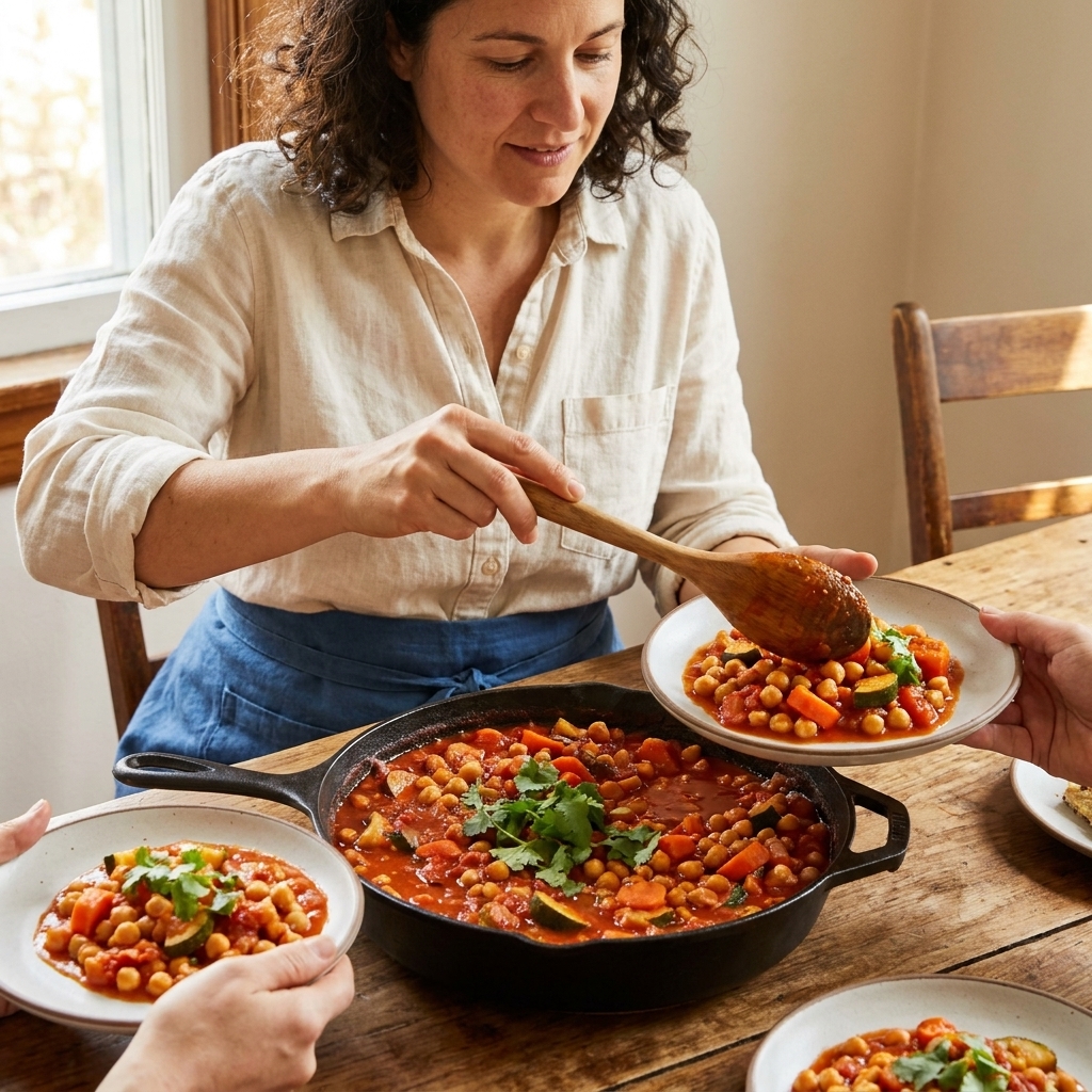 A deep skillet of harissa chickpea stew with carrots and zucchini in a red, spicy tomato broth