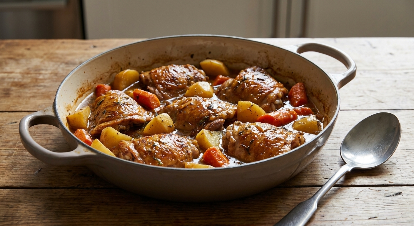 A family-style braiser on a wooden table filled with braised chicken thighs, potatoes, and carrots in a glossy sauce, with a serving spoon beside it
