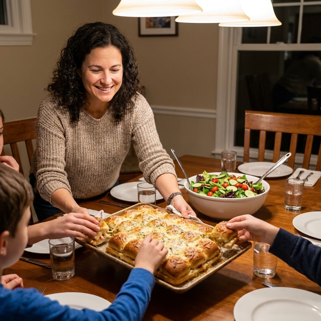 A family-style sheet pan of pull-apart sliders being served at a dinner table with a simple salad in the background