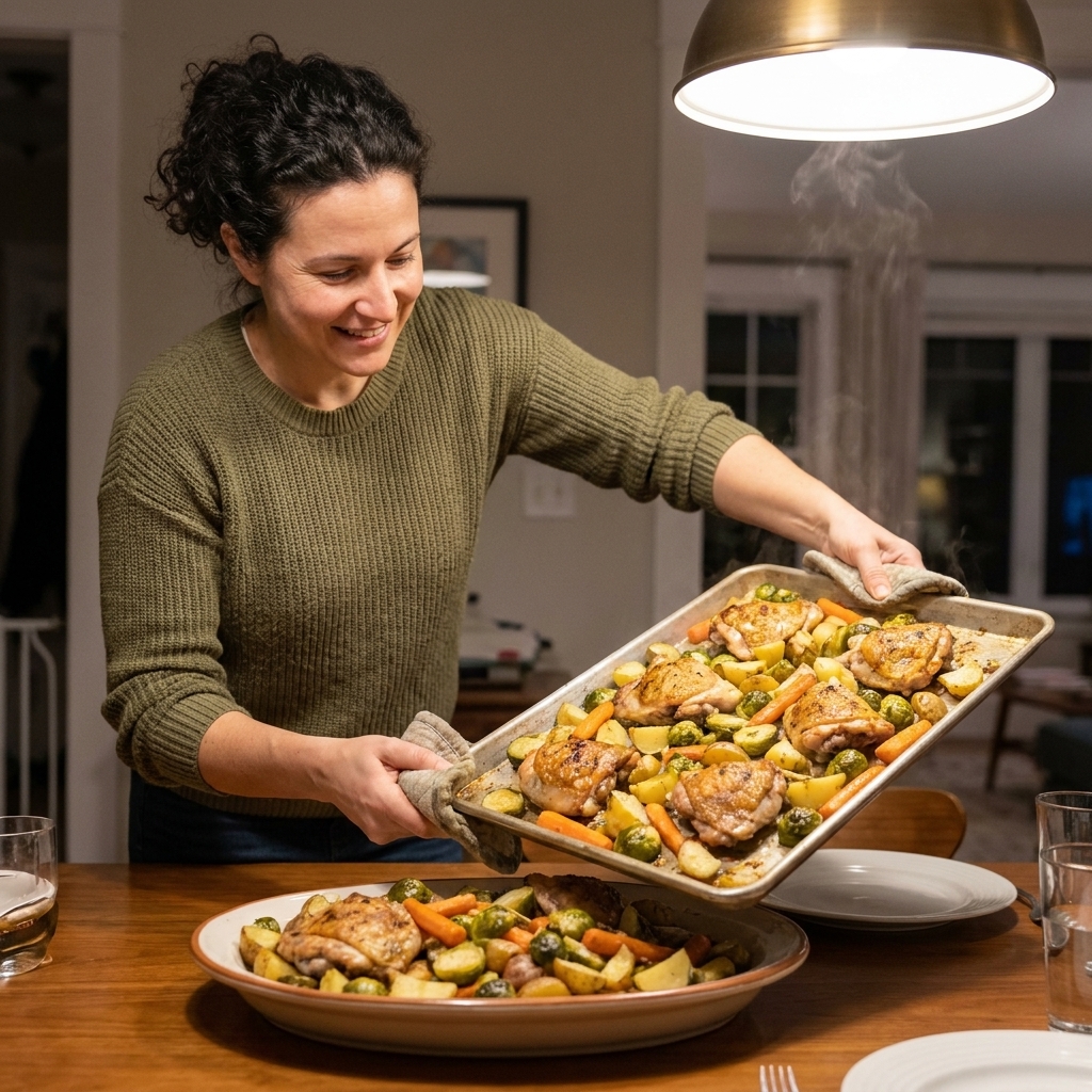 A finished sheet pan dinner being transferred to a large serving platter at the table, with roasted vegetables and sliced protein glistening under warm light