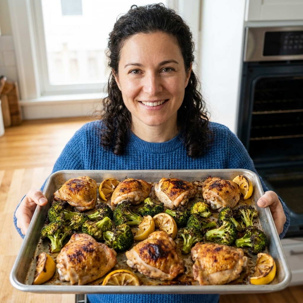 A finished sheet pan dinner with roasted chicken thighs, caramelized broccoli, and lemon wedges on a rimmed aluminum baking sheet