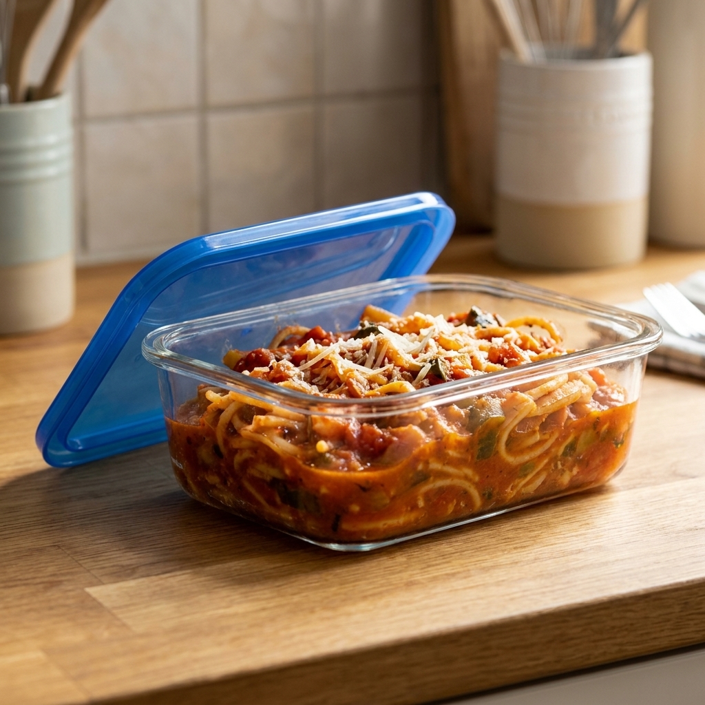 A glass meal prep container filled with leftover one-pot pasta in tomato sauce, sitting on a kitchen counter with a lid nearby