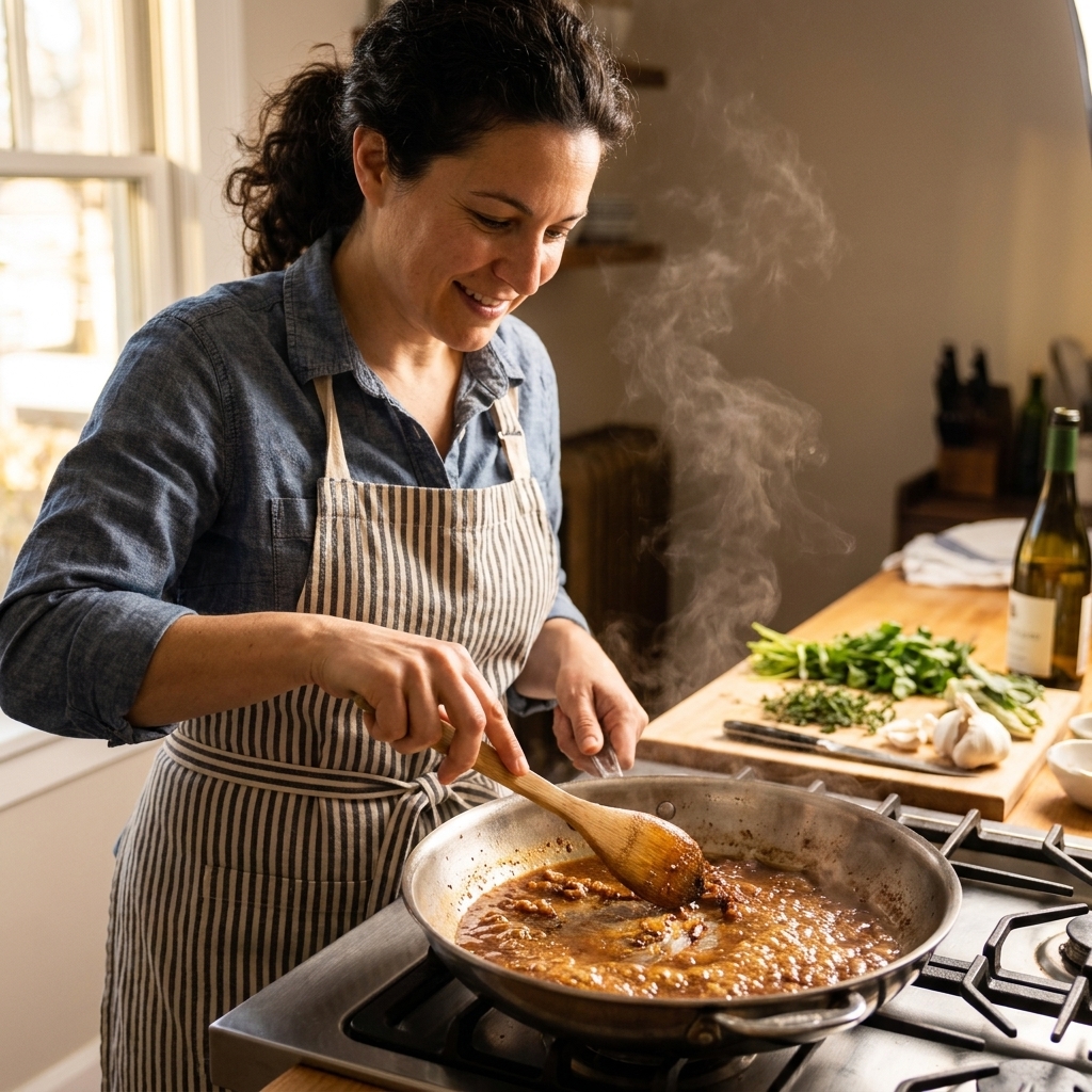 A glossy pan sauce simmering in a skillet with a wooden spoon scraping up browned bits from the bottom