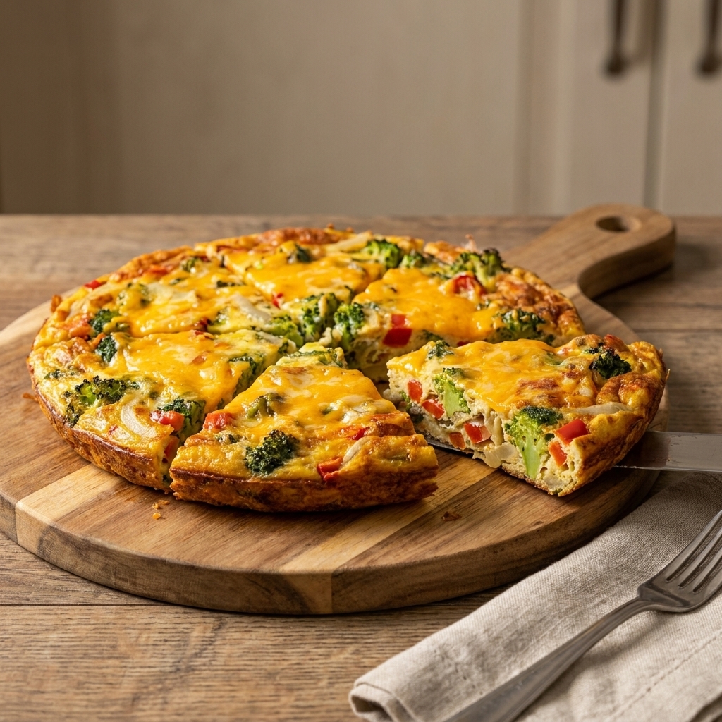 A golden frittata with visible vegetables and melted cheese, sliced into wedges on a countertop
