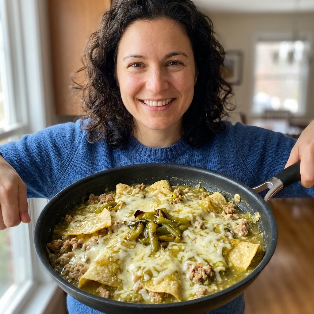 A green enchilada skillet with tortilla pieces, ground turkey, melted Monterey Jack cheese, and a few roasted green chiles scattered on top in a nonstick pan
