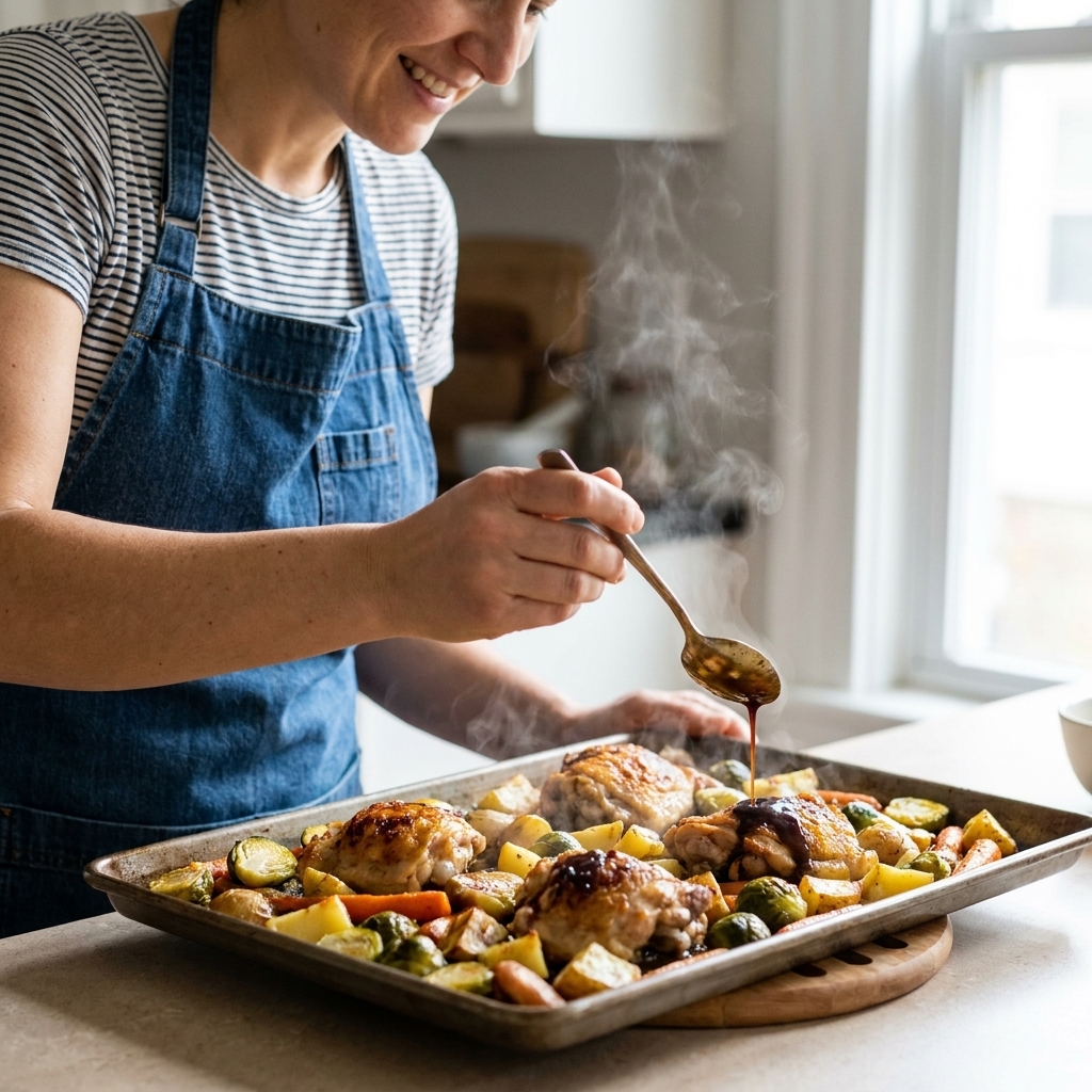 A hand drizzling a finishing sauce over roasted chicken and vegetables on a hot sheet pan right before serving