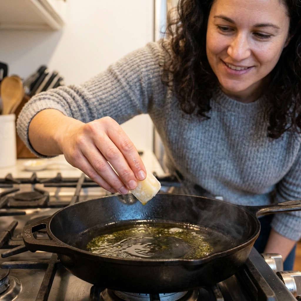 A hand holding a frozen garlic cube over a hot skillet with olive oil beginning to shimmer