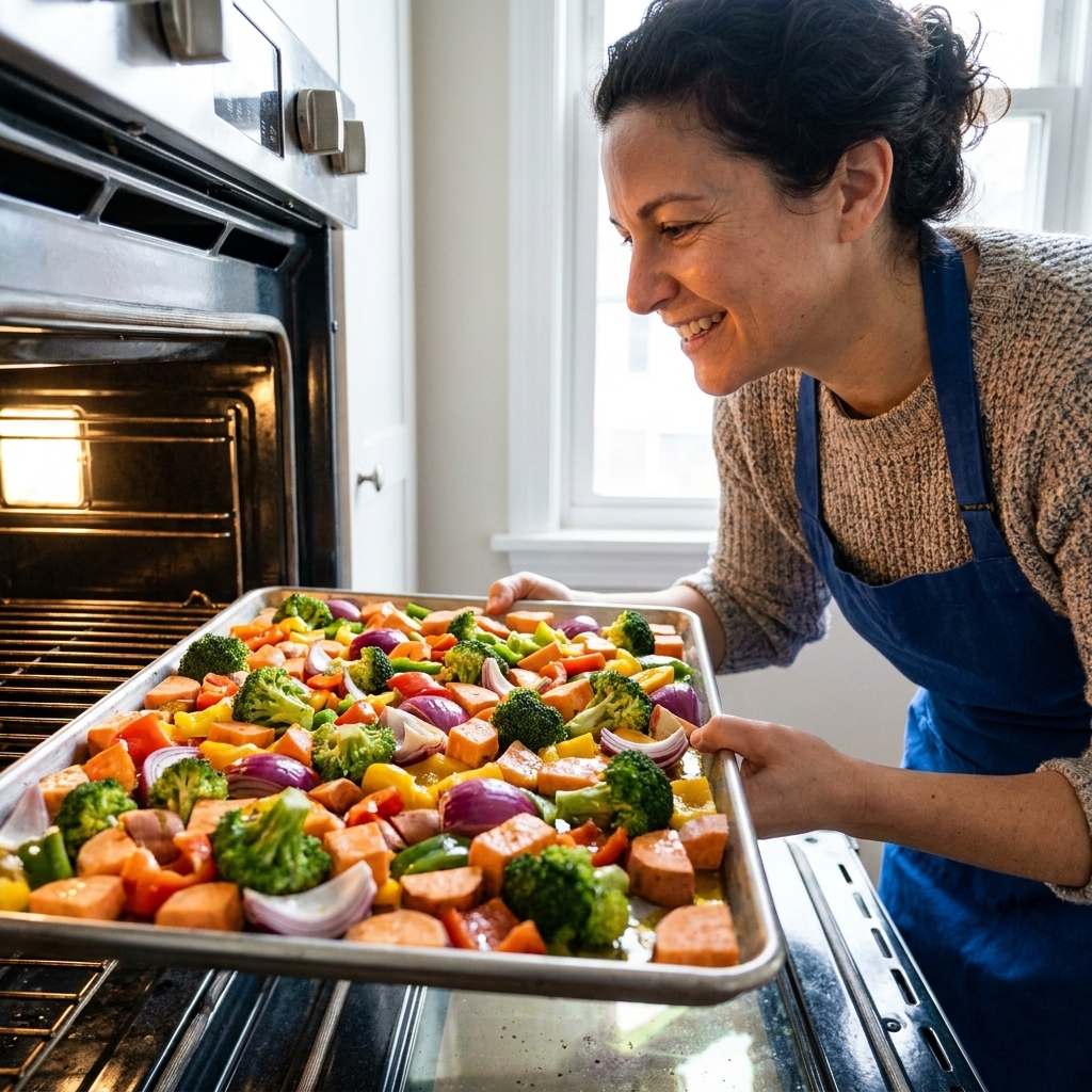 A home cook sliding a sheet pan packed edge-to-edge with chopped vegetables into an oven, showing vegetables touching and overlapping on the pan