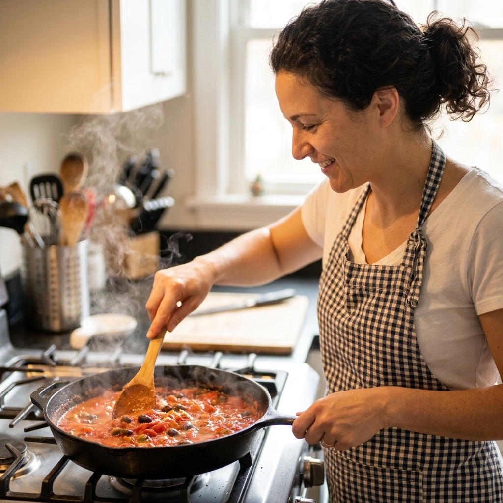 A home cook stirring a skillet of bubbling tomatoes and olives with a wooden spoon on a stovetop
