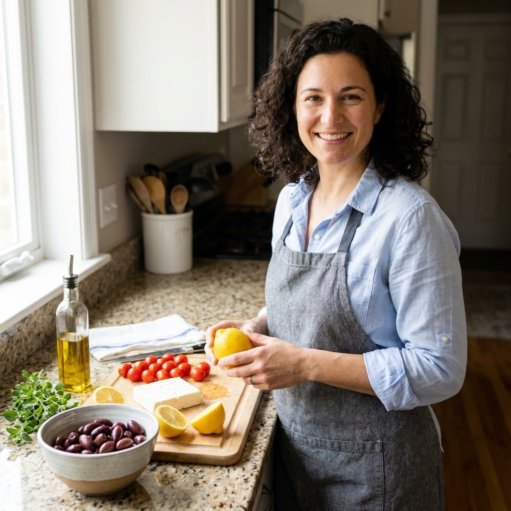 A kitchen counter with a bowl of kalamata olives, a block of feta, fresh lemons, and cherry tomatoes ready for cooking