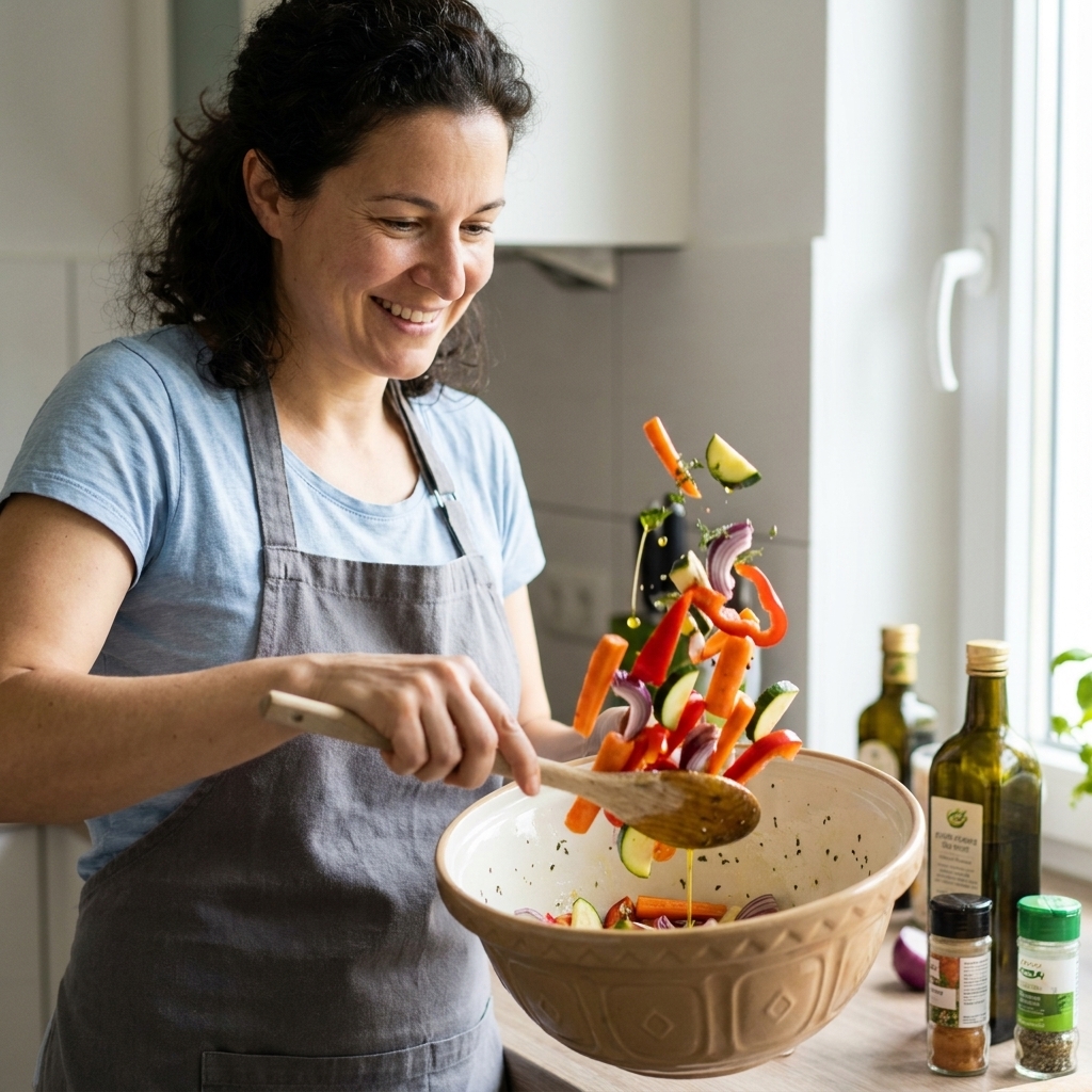 A large mixing bowl with cut vegetables being tossed with olive oil and seasonings using a wooden spoon