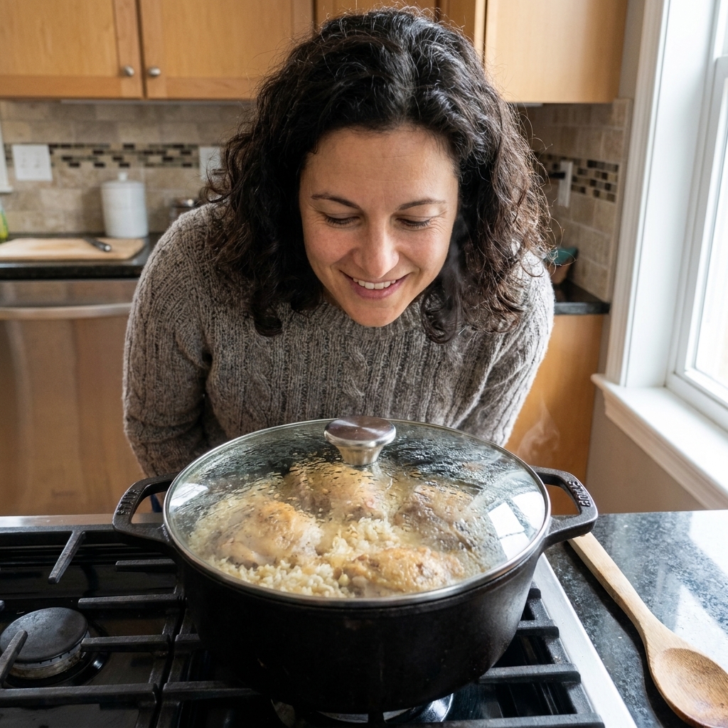 A lidded Dutch oven on a stovetop with condensation on the lid, suggesting chicken and rice are gently simmering inside