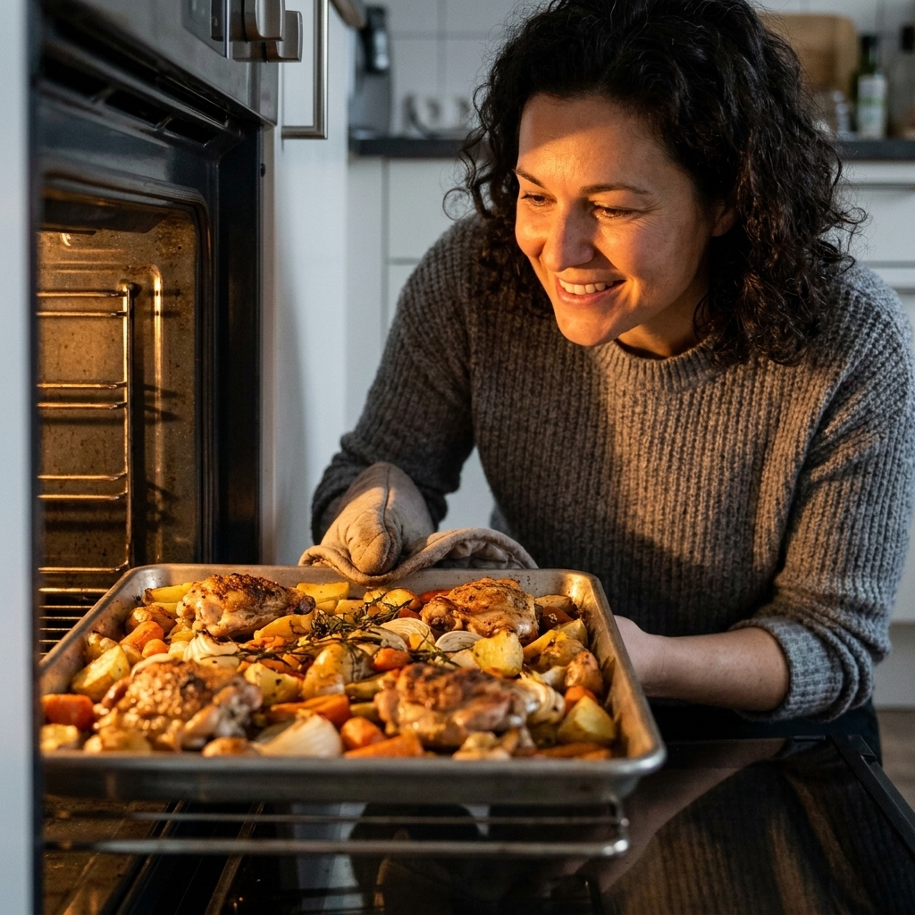A metal sheet pan with chicken and vegetables roasting on an oven rack with warm light from the open oven door