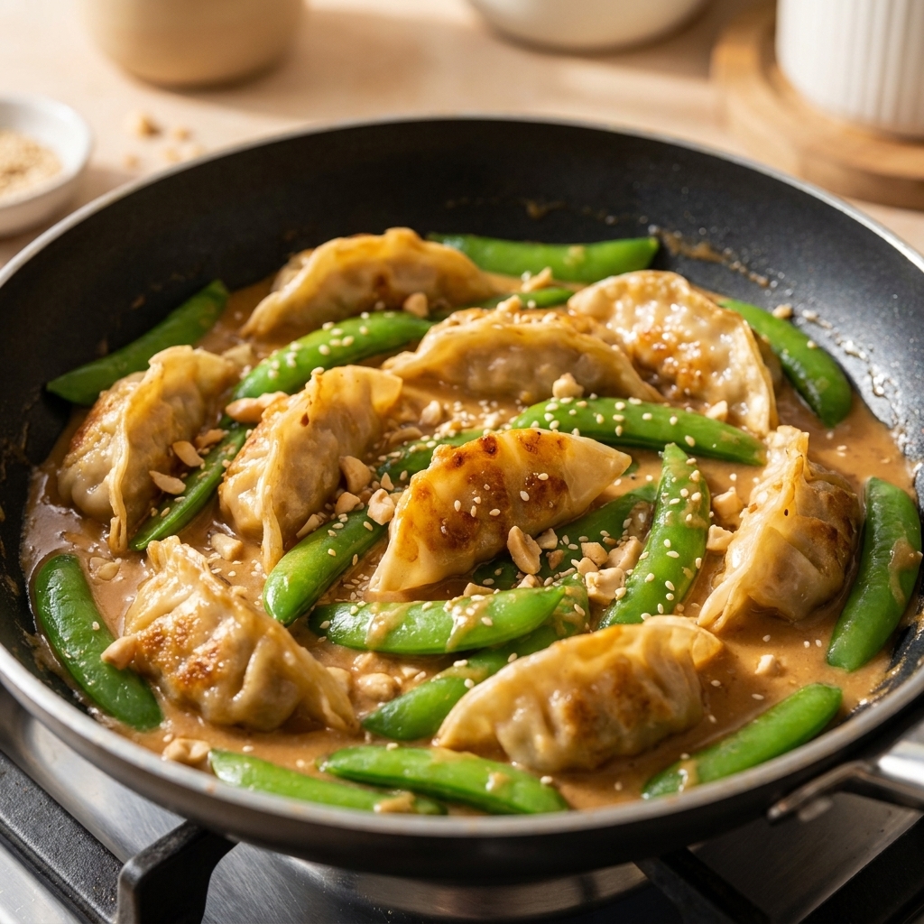 A nonstick skillet filled with potstickers and snap peas tossed in a creamy peanut-sesame sauce