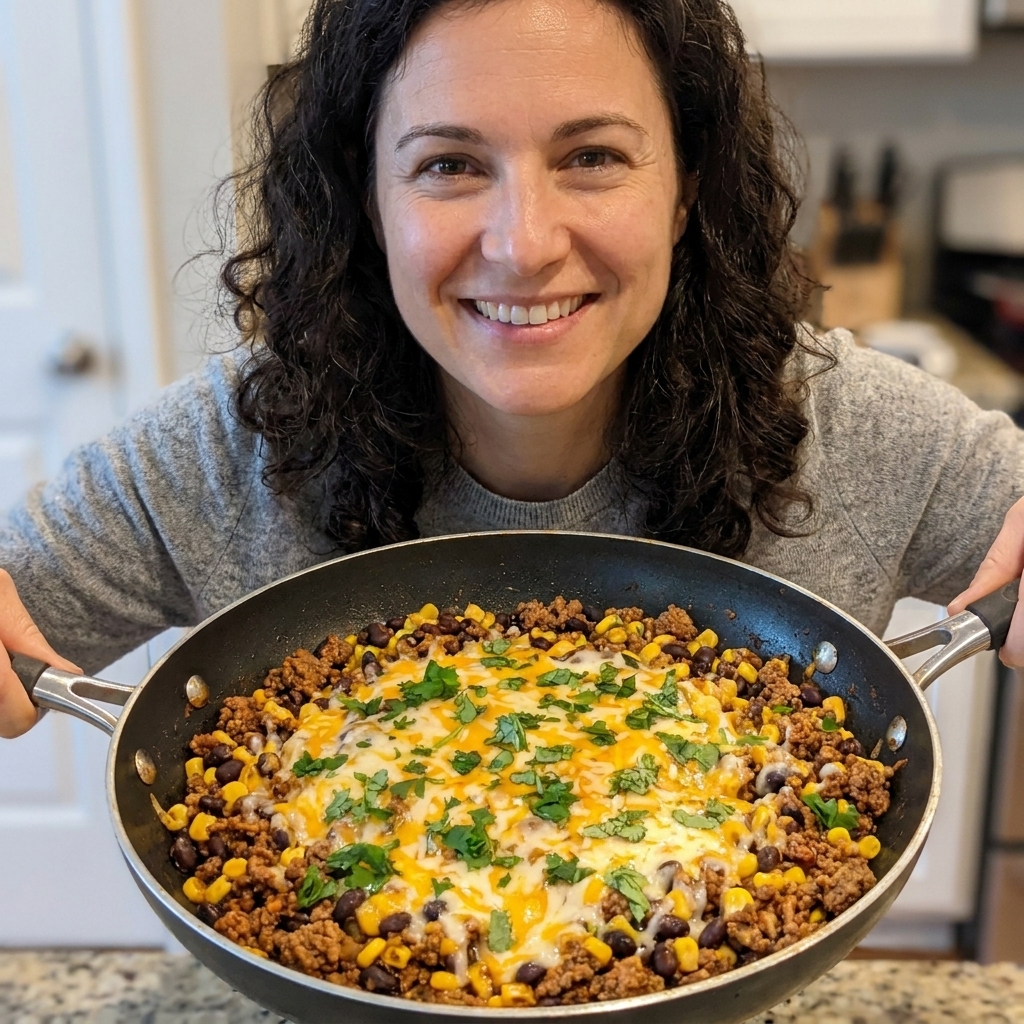 A nonstick skillet filled with taco-seasoned ground beef, black beans, corn, and salsa, topped with melted cheese and chopped cilantro
