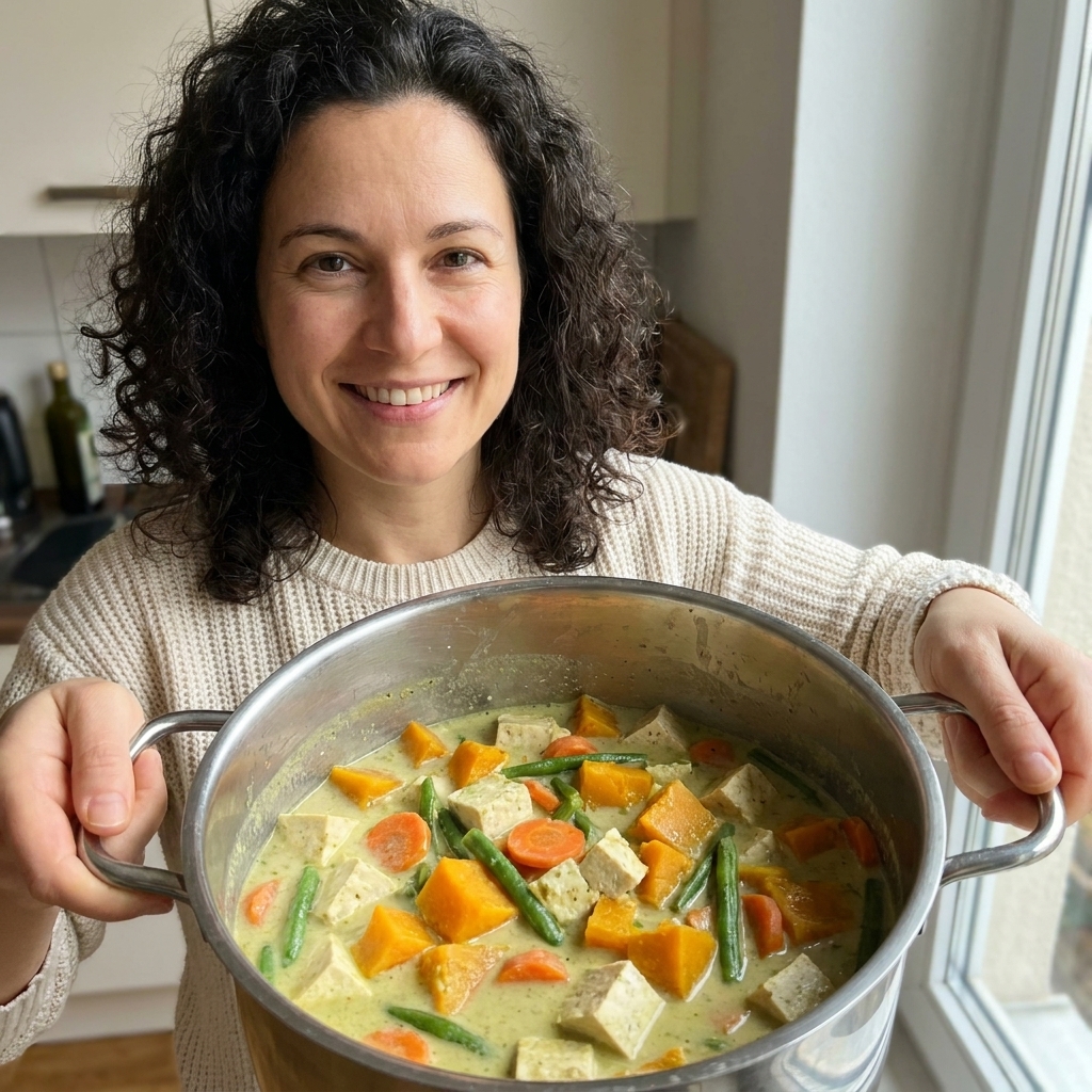 A pot of Thai-style green curry with tofu cubes, squash, carrots, and green beans in a pale green coconut sauce