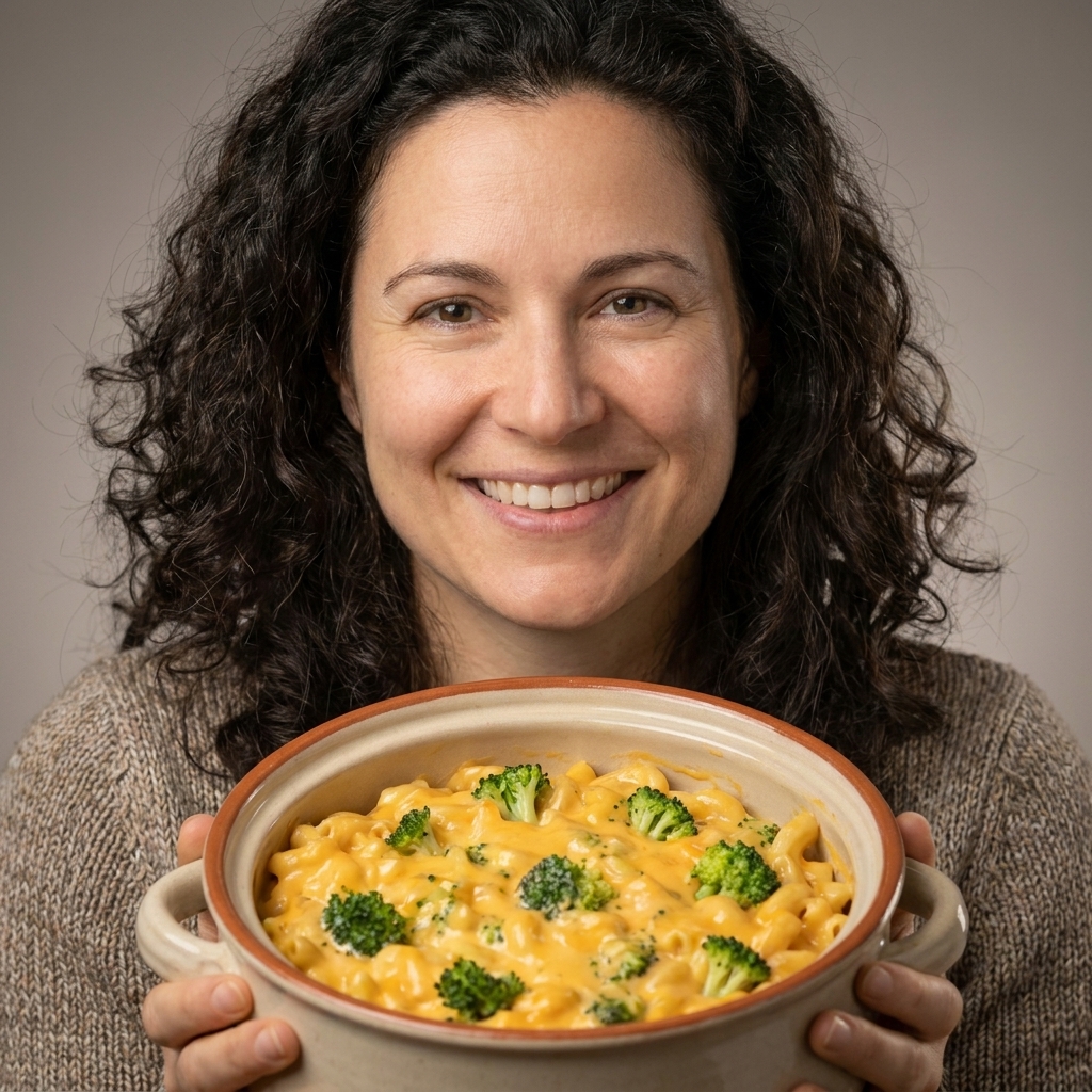 A pot of broccoli cheddar mac and cheese with small broccoli florets mixed into a creamy orange sauce