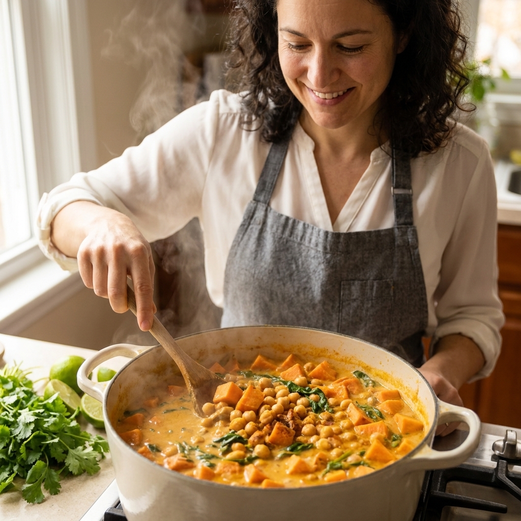 A pot of chickpea and sweet potato coconut curry simmering with visible cubes of sweet potato and chickpeas in a creamy orange sauce