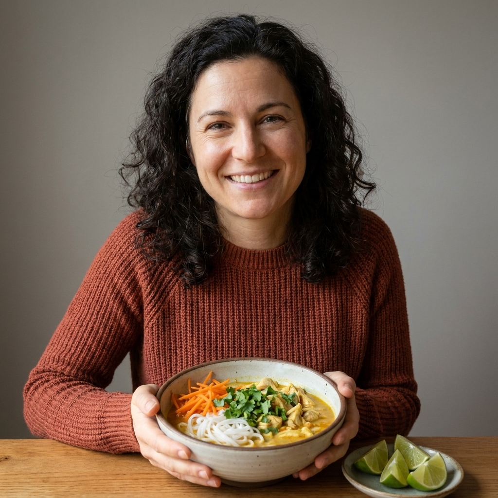 A pot of coconut curry chicken soup with rice noodles and shredded carrots, garnished with cilantro, with lime wedges nearby