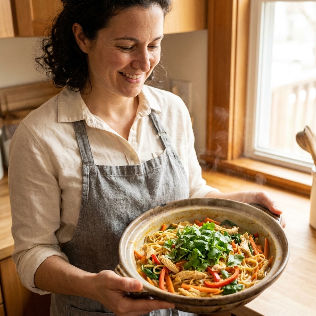 A pot of coconut curry noodles with colorful vegetables and shredded chicken, topped with cilantro