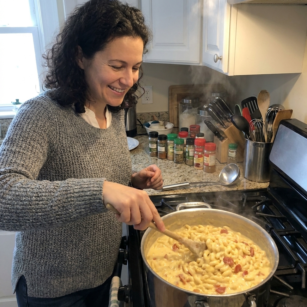 A pot of creamy mac and cheese with small pieces of pepperoni stirred throughout on a stovetop