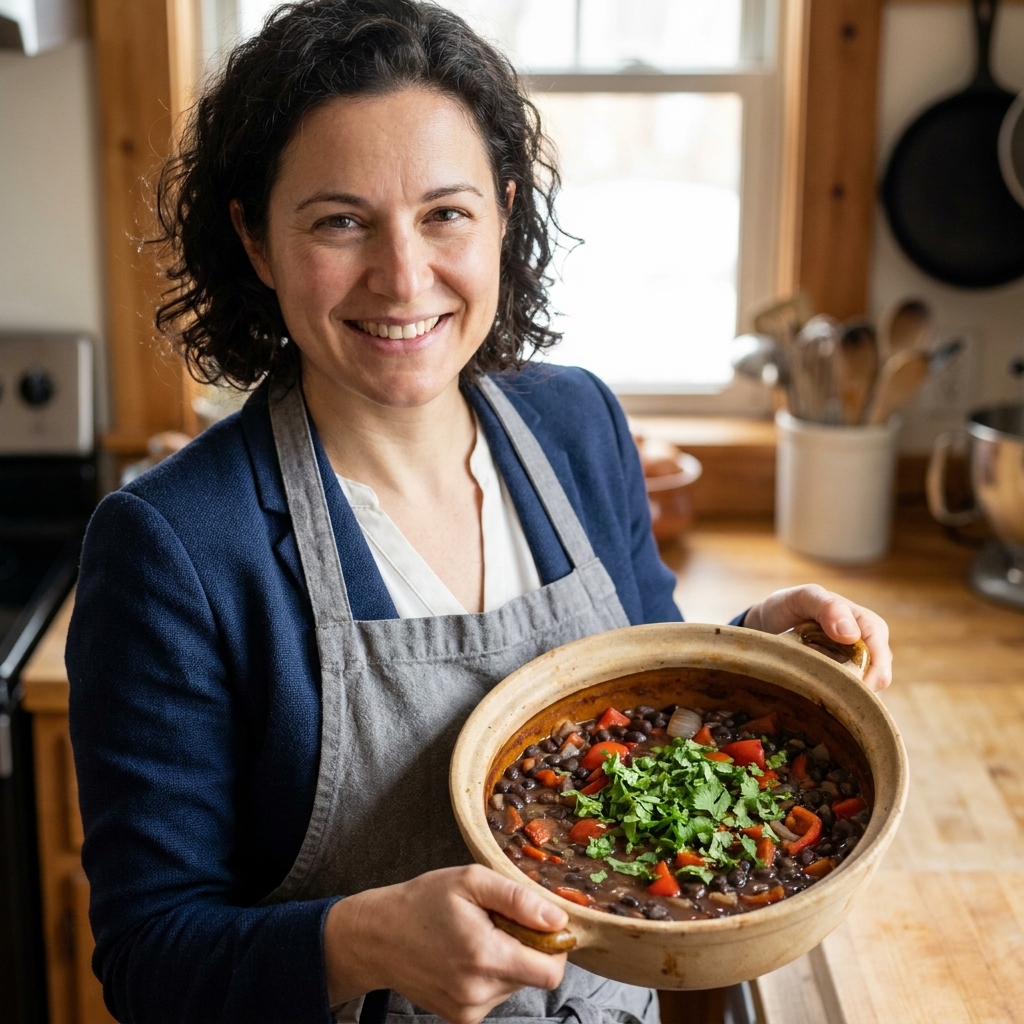 A pot of thick black bean stew with red peppers and onions, topped with chopped cilantro