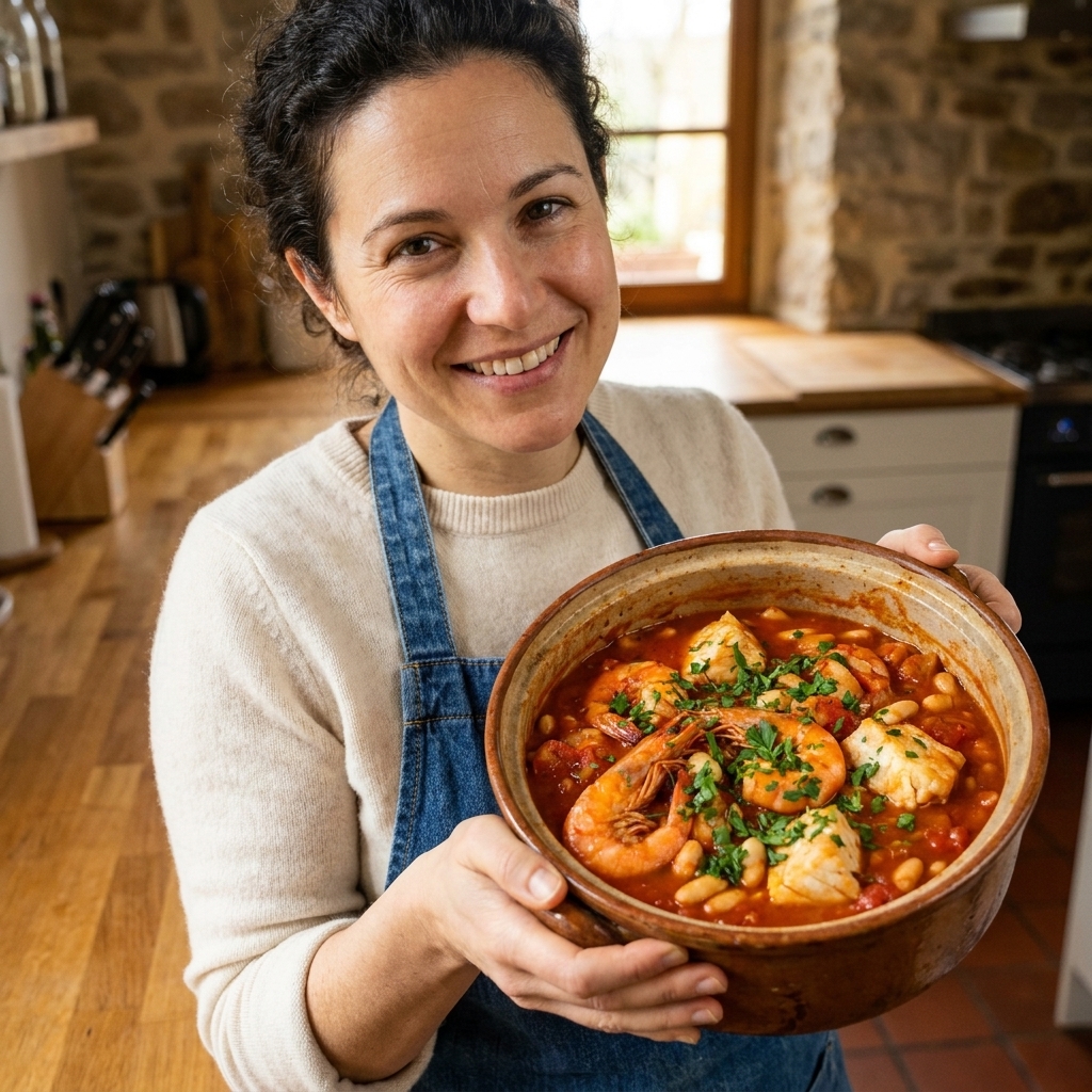A pot of tomato-based seafood stew with shrimp, chunks of white fish, and white beans, garnished with chopped parsley