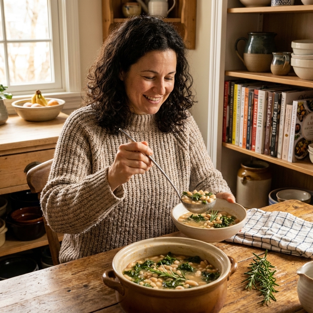 A pot of white bean and kale stew with visible rosemary sprigs and a light broth, served in a cozy kitchen setting
