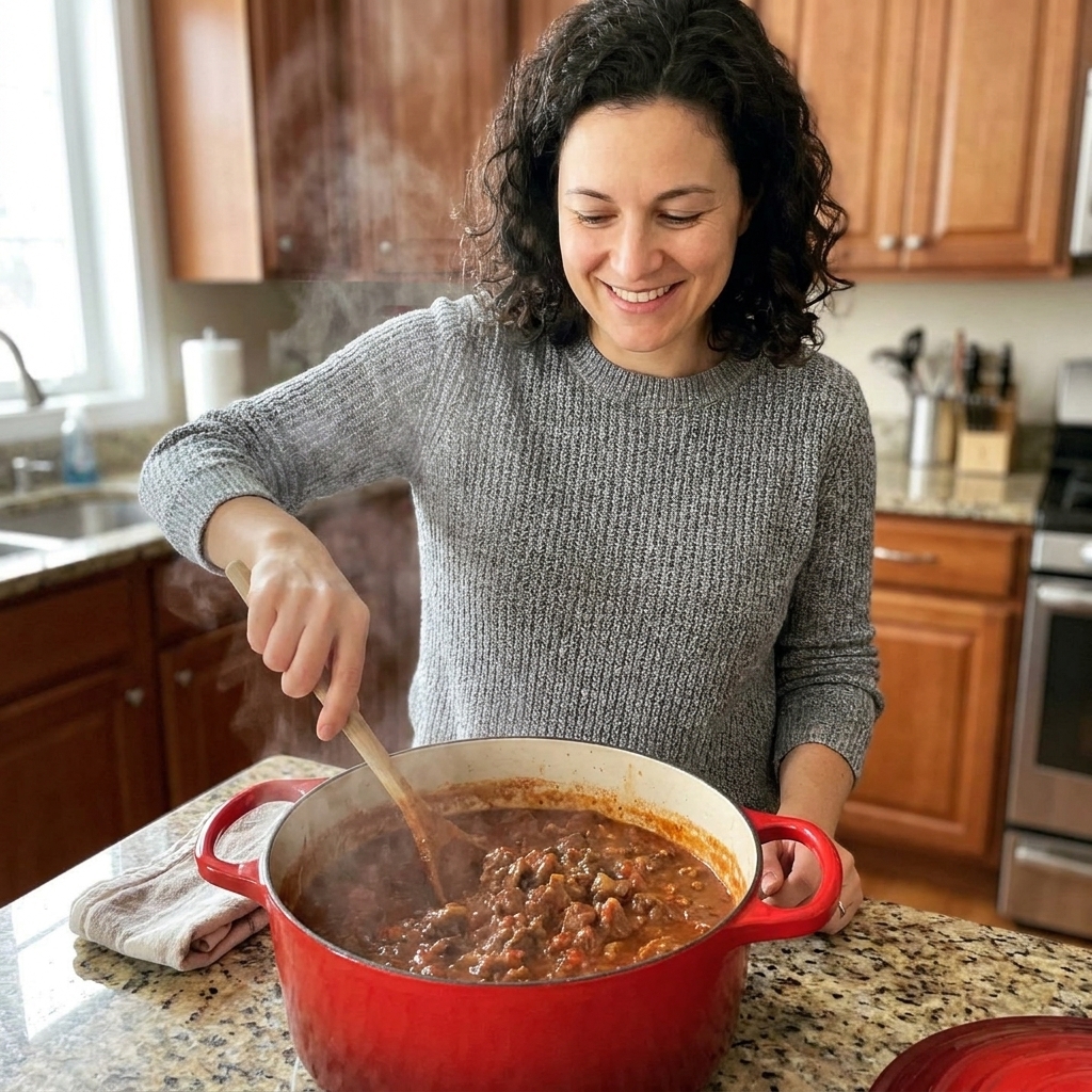 A red enameled Dutch oven filled with chunky beef chili, a wooden spoon resting inside, steam rising on a kitchen counter