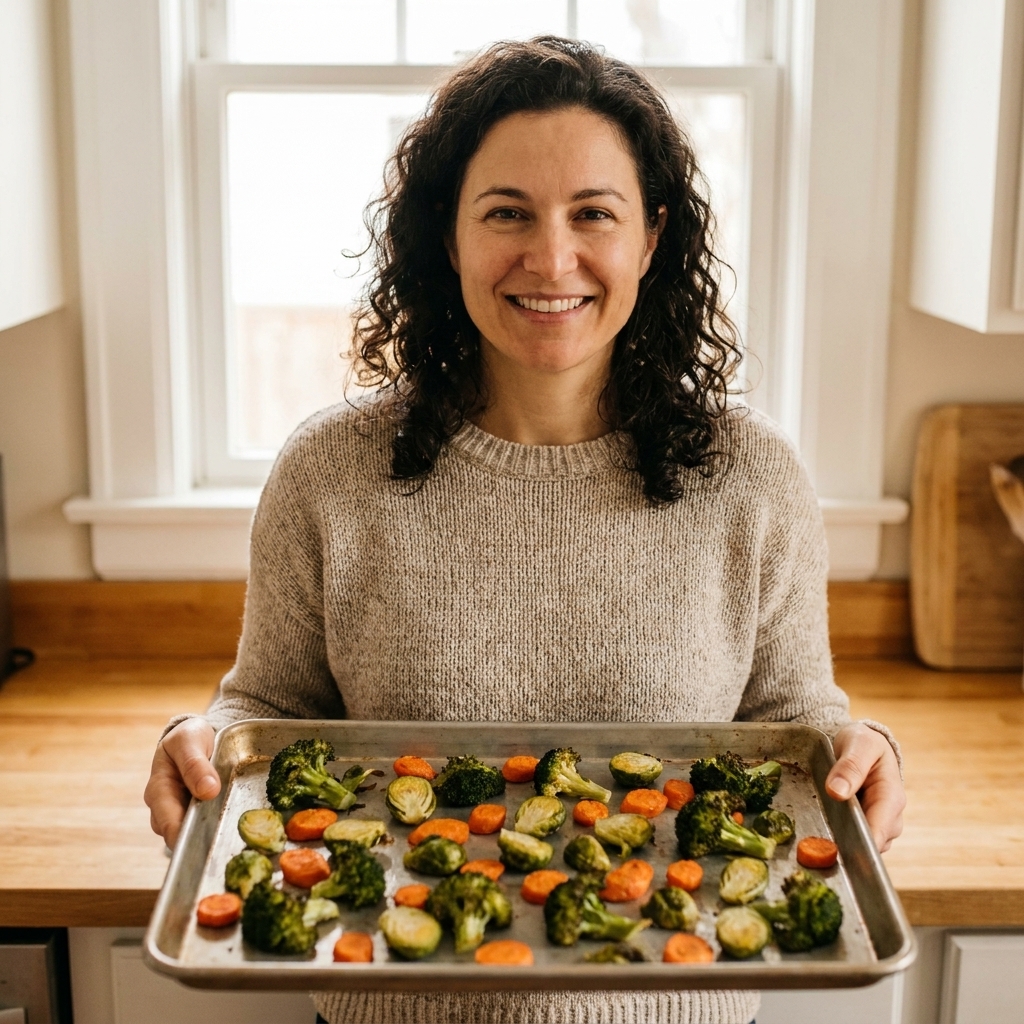 A rimmed baking sheet with broccoli, carrots, and brussels sprouts spread in a single layer with visible space between pieces